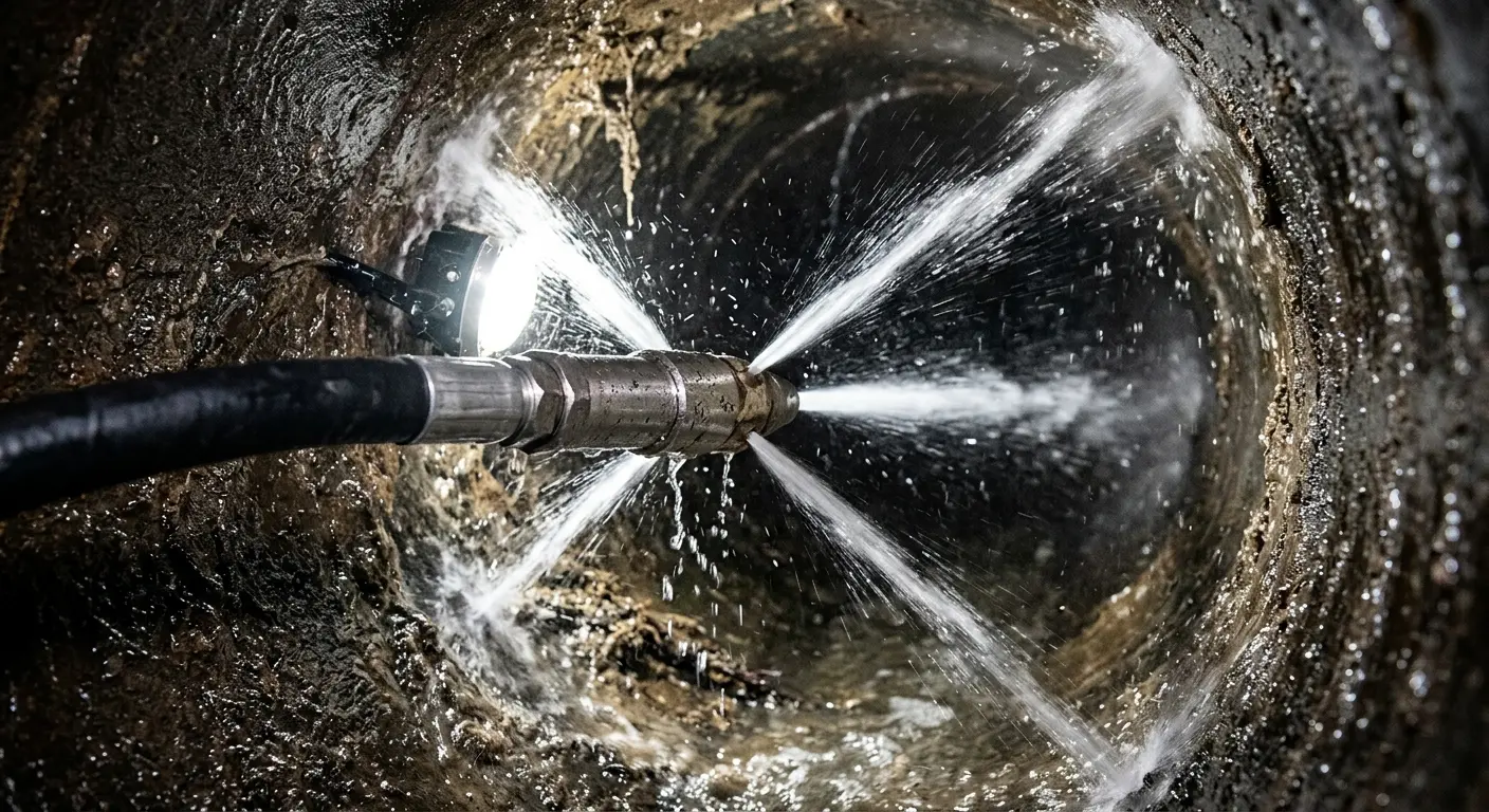 High-pressure hydro jetting nozzle cleaning sewer pipe for Sewer Line Relining in Sumner
