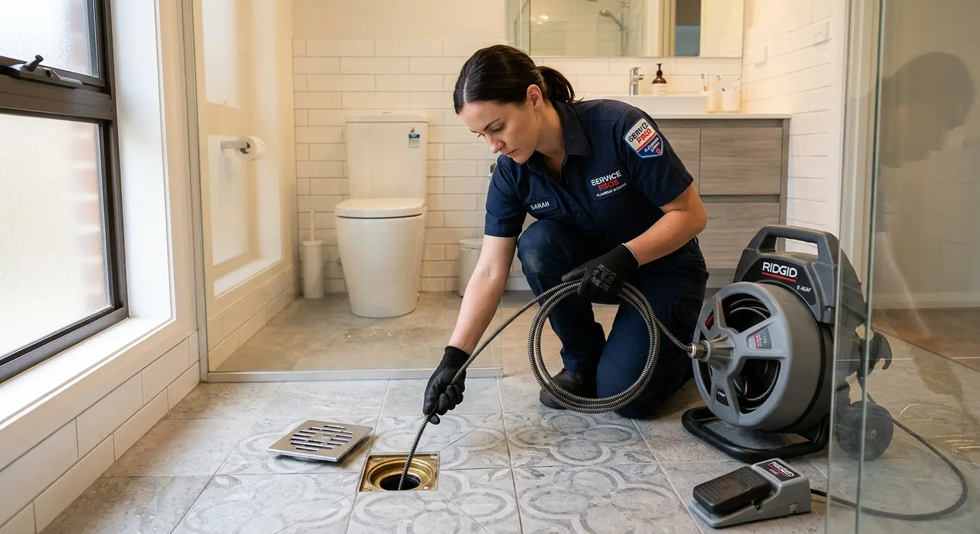 Technician clearing a bathroom floor drain for Drain Repair in Sumner